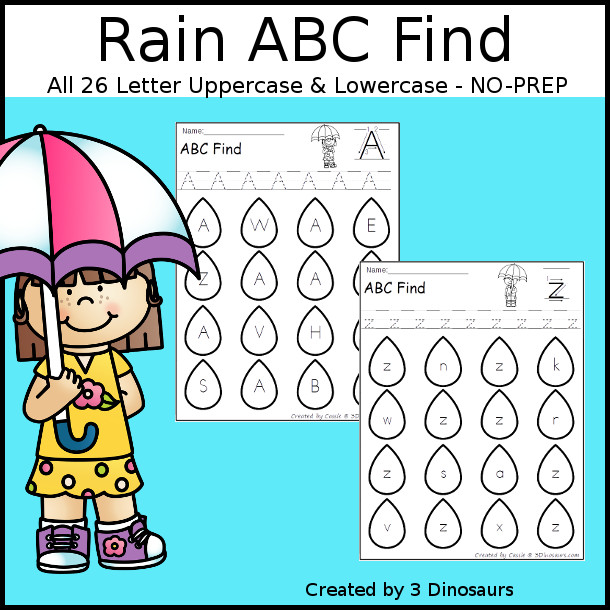 Easy No-Prep Rain ABC Letter Find - easy no-prep printables with a fun raindrop theme 52 pages with uppercase and lowercase $ - 3Dinosaurs.com