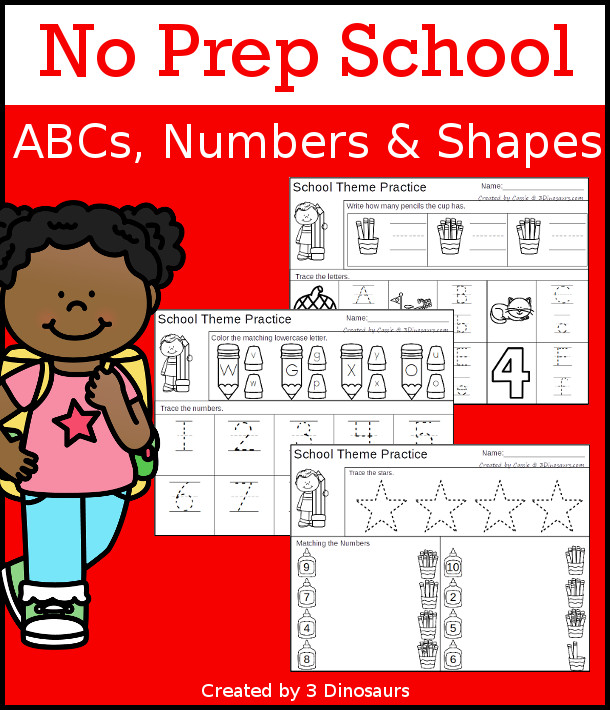 No-Prep School ABC, Numbers & Shapes - with 30 pages of morning work for kindergarten age kids to work on shapes, letters, and numbers. You have a mix of activities on each page - 3Dinosaurs.com