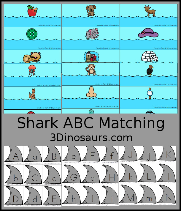 Free Shark ABC Matching - all 26 letters of the alphabet with shark fin uppercase and lowercase letters and sorting ocean themed mats - 3Dinosaurs.com - 3Dinosaurs.com