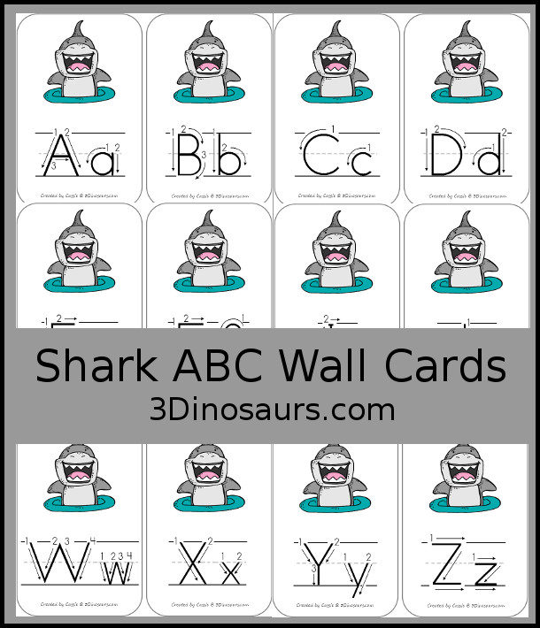 Free Shark ABC Wall Cards - with all 26 letters of the alphabet with a shark for a fun shark themed ABCs - 3Dinosaurs.com