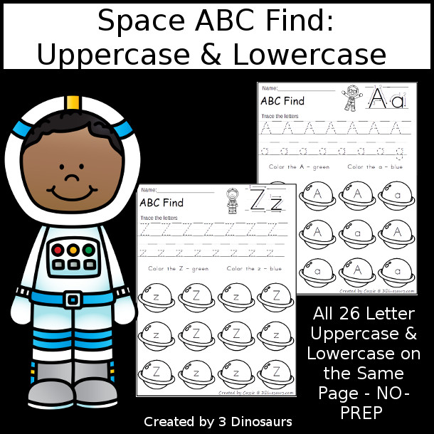 Easy No-Prep Space ABC Find:  Uppercase & Lowercase - easy no-prep printables with a fun space theme 26 pages with uppercase and lowercase together $ - 3Dinosaurs.com