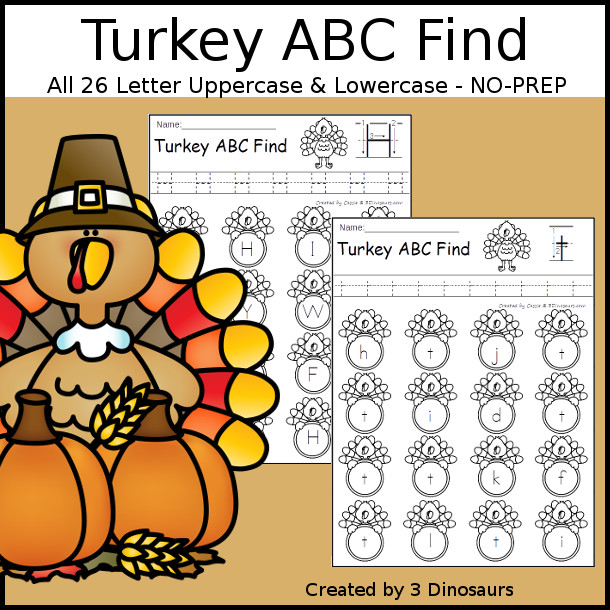 Turkey Themed ABC Find: Uppercase or Lowercase with tracing $ - 3Dinosaurs.com