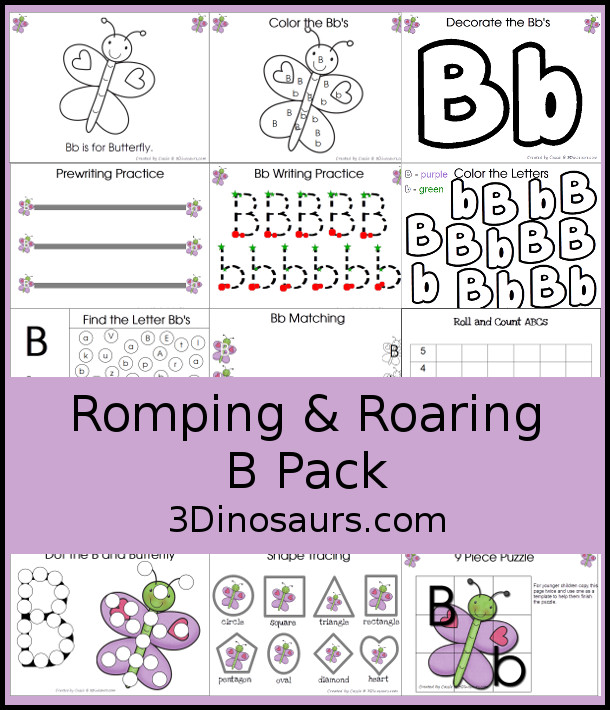 Free Romping & Roaring B Pack - 47 pages of activities with writing, tracing, coloring, puzzles, dot marker letters and more - 3Dinosaurs.com