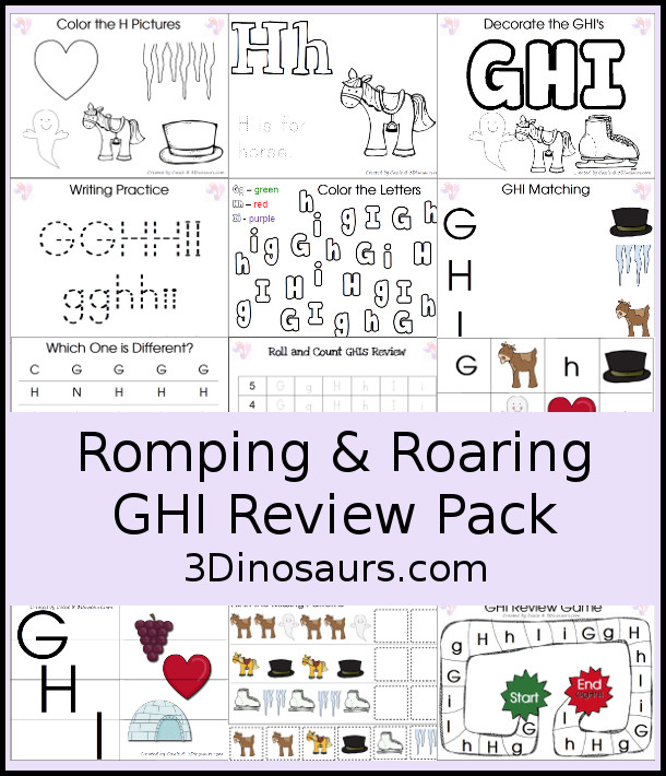 Free Romping and Roaring GHI Review Pack - with letter g, letter h, and letter i printables for reviewing the three letters with tracing, puzzles, coloring pages, finger puppets, game and more - 3Dionsaurs.com