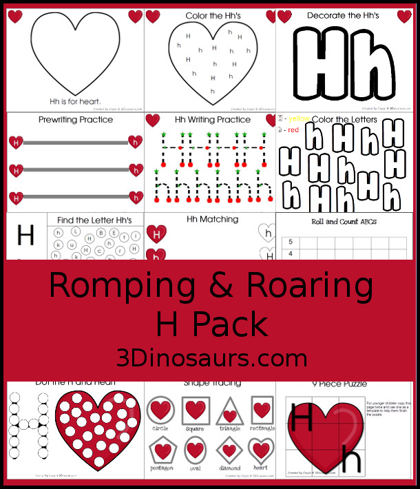 Free Romping & Roaring H Pack Letter Pack: H is for Heart - a letter H pack that has prewriting, finding letters, tracing letters, coloring pages, shapes, puzzles and more - 3Dinosaurs.com