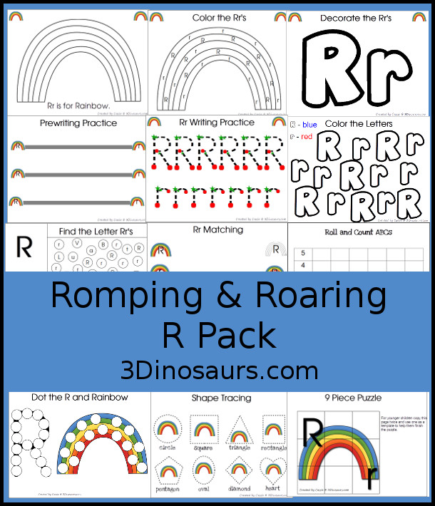 Free Romping & Roaring R Pack - 47 pages of activities with writing, tracing, coloring, puzzles, dot marker letters and more - 3Dinosaurs.com