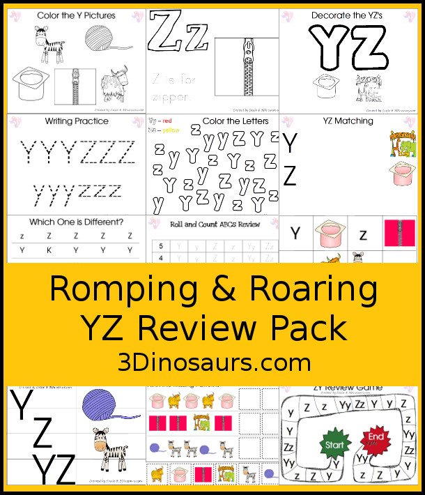 Free Romping & Roaring YZ Review Pack - with letter y and letter z printables for reviewing the three letters with tracing, puzzles, coloring pages, finger puppets, game and more- 3Dinosaurs.com