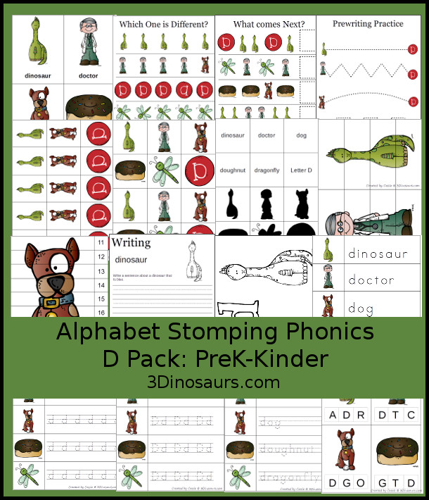 Free Alphabet Stomping Phonics D Prek-Kinder Pack - 30 pages of printables - 3Dinosaurs.com