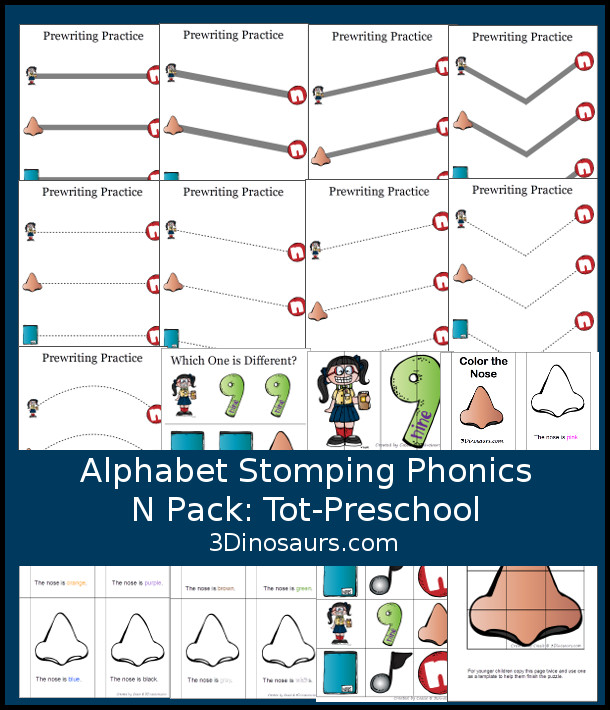 Free Alphabet Stomping Phonics N Tot-Preschool Pack - 20 pages of printables - 3Dinosaurs.com