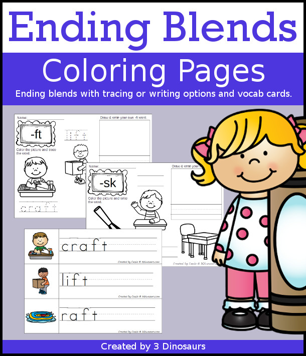 Ending Blends Coloring Pages with three pictures for each ending blend to trace the word and then color the picture. Or write the word and color the picture with vocab cards to match the coloring pages - 3Dinosaurs.com