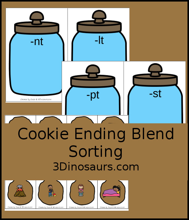 Free Coookie T Ending Blends Sorting Printable - with 4 ending blends to sort with lt, nt, pt, and st with four matching pictures per each ending blend - 3Dinosaurs.com