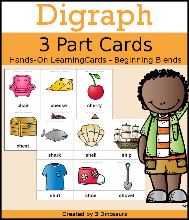 Digraph 3 Part Cards - 6 cards for each digraph - 3Dinosaurs.com