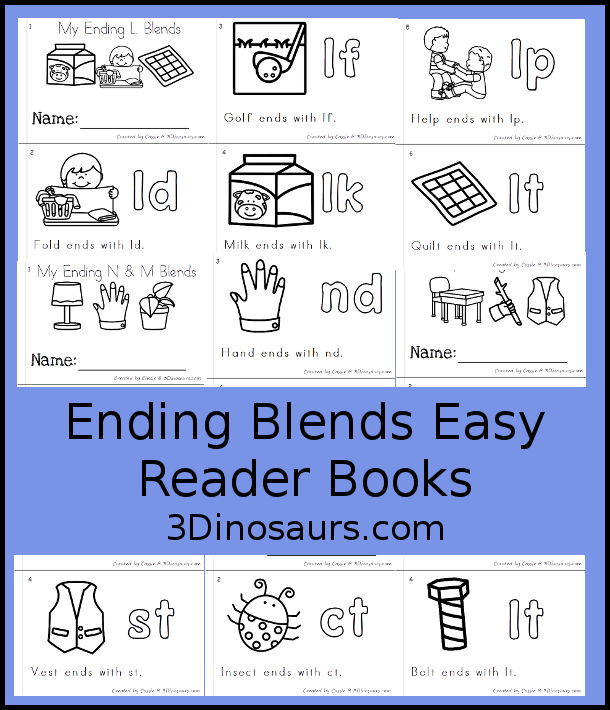 Free Ending Blends Easy Reader Book: S, N, M, L, T - four books with the word and what each different ending blends that they use. - 3Dinosaurs.com