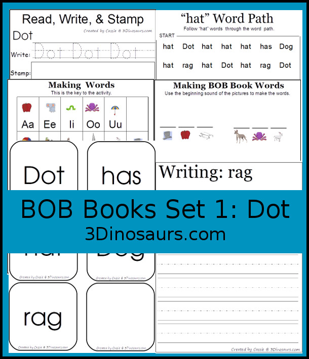 Early Reading Printables BOB Books Printables: Set 1 Book 3 Dot - with 5 fun activities for kids to use with books working on CVC and first sight words - 3Dinosaurs.com
