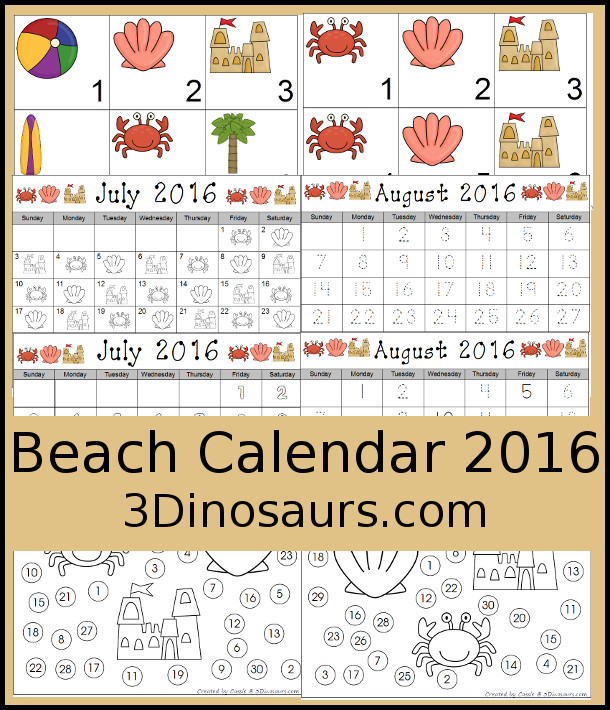 Free 2016 Beach Calenader - ABC Calendar Pattern set, 6 image pattern and single page calendar for July and August 2016 - 3Dinosaurs.com