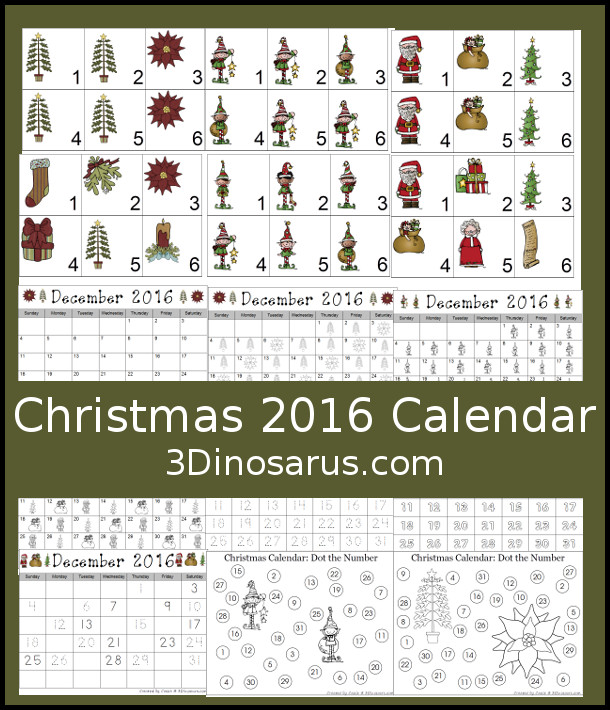 Free 2016 Christmas Calendar Printables: Three different themes: elves, Santa, & Christmas Themes - 3Dinosaurs.com