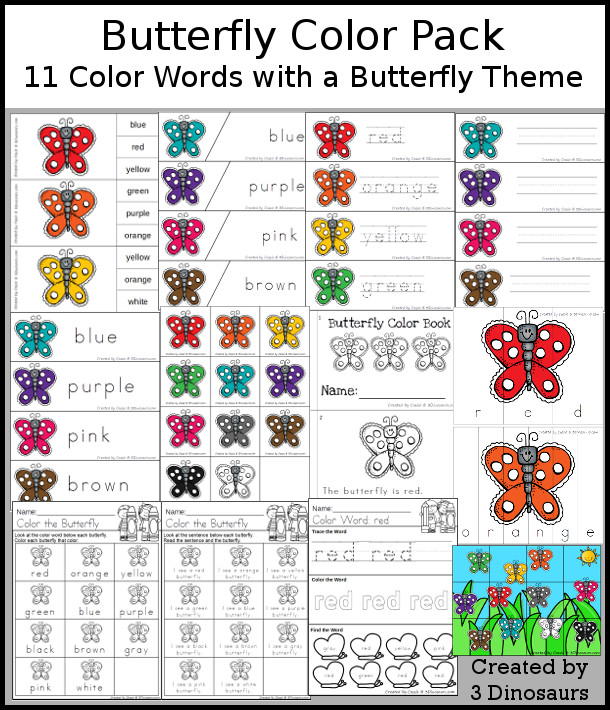 Butterfly Color Pack - with 65 pages of printables with color easy reader book, color clip cards, color tracing strips, color writing strips, color pocket chart cards, color word writing, color word puzzles, and more all to work on learning color words - 3Dinosaurs.com