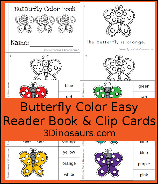 Free Butterfly Color Easy Reader Book & Clip Cards - with a 12 page easy reader book and matching clip cards for 11 color words - 3Dinosaurs.com