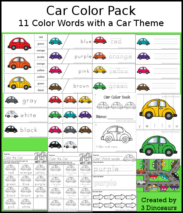 Car Color Pack - with 65 pages of printables with color easy reader book, color clip cards, color tracing strips, color writing strips, color pocket chart cards, color word writing, color word puzzles, and more all to work on learning color words. This is a great transportation theme - 3Dinosaurs.com