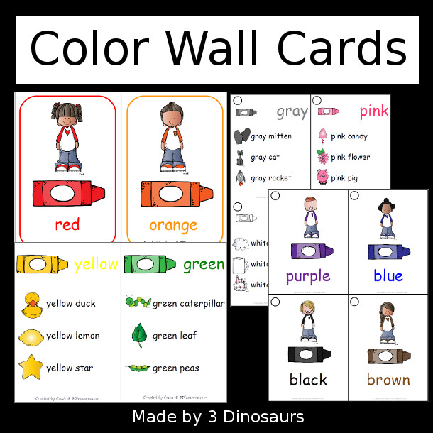 Color Wall Cards - 11 color cards  in two types and 2 different sizes to use on wall and smaller for a flip book - 3Dinosaurs.com