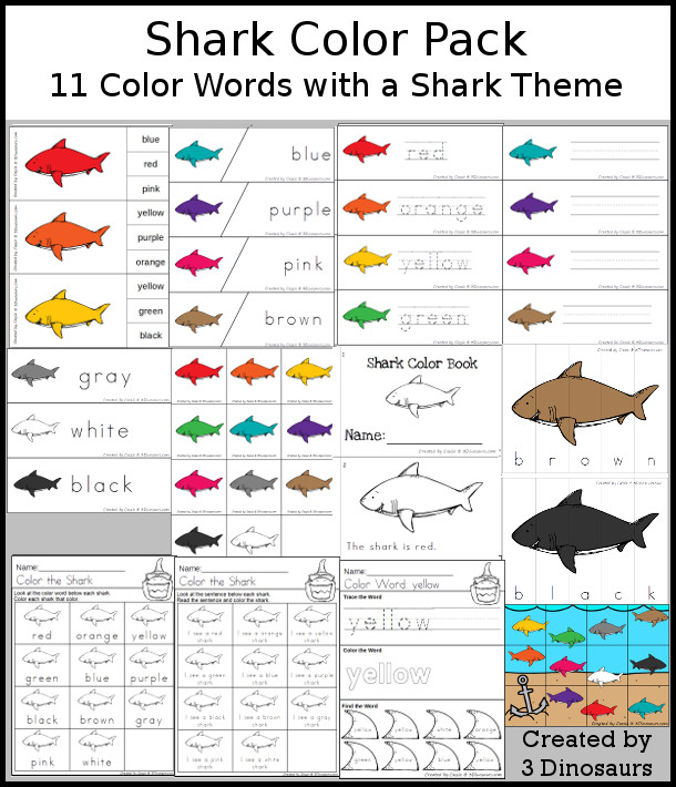 Shark Color Pack - with 65 pages of printables with color easy reader book, color clip cards, color tracing strips, color writing strips, color pocket chart cards, color word writing, color word puzzles, and more all to work on learning color words. This is a great Shark theme - 3Dinosaurs.com