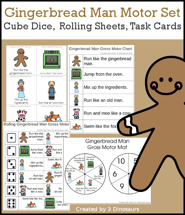 Gingerbread Man Gross Motor Dice - with dice, rolling dice sheets, and gross motor cards so you can do fun gingerbread man story movements. These are perfect for brain breaks and mini gross motor centers - 3Dinosaurs.com