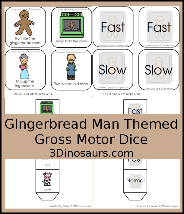 Free Gingerbread Man Story Gross Motor Dice - 6 movements to use with the gingerbread man story with including speed dice as well - 3Dinosaurs.com