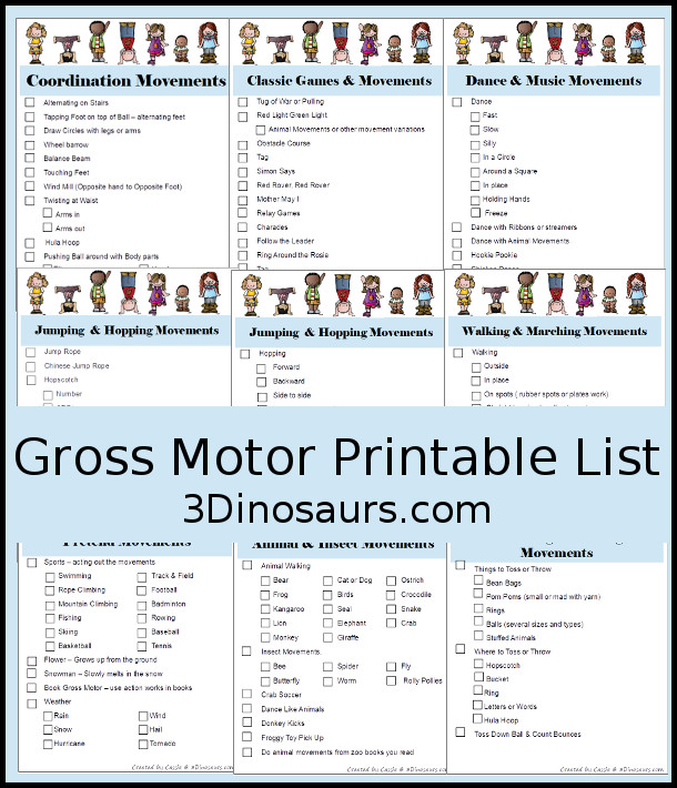 Free Gross Motor Printable List - 12 pages of gross motor activities to do - 3Dinosaurs.com