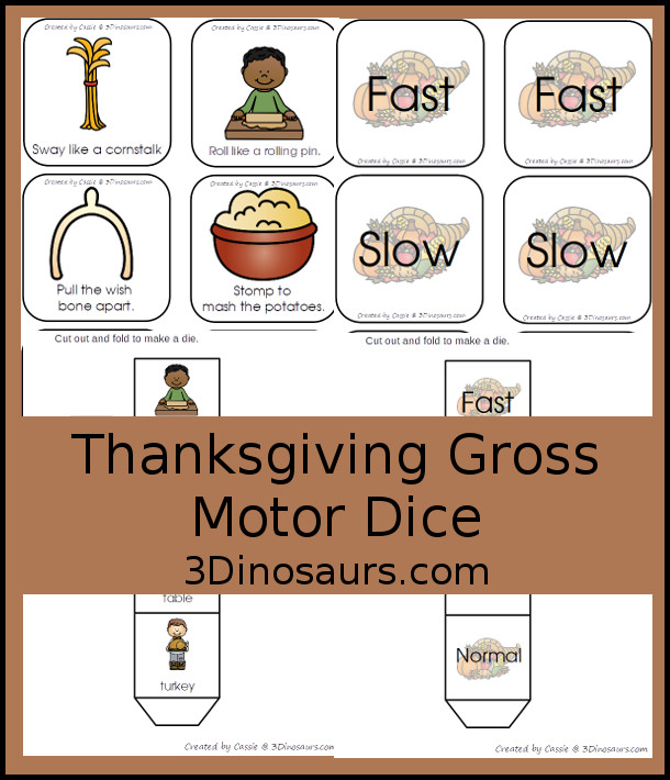 Free Thanksgiving Gross Motor Dice - 6 fun Thanksgiving themes and movements with a speed dice - 3Dinosaurs.com #thanksgivingorkids #grossmotor #grossmotordice #freeprintable #3dinosaurs