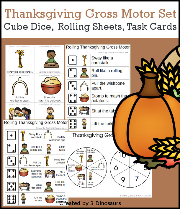Thanksgiving Gross Motor Dice - with dice, rolling dice sheets, and gross motor cards so you can do fun Thanksgiving Dinner themed movements. These are perfect for brain breaks, screen breaks, and mini gross motor centers - 3Dinosaurs.com