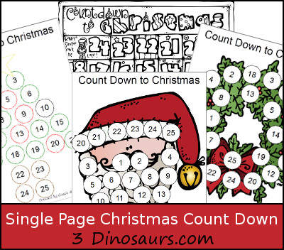 Free Single Page Count Down to Christmas Printables- 3Dinosaurs.com