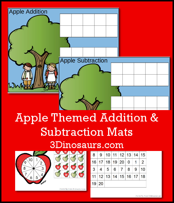 Free Apple Themed Addition & Subtraction Mats: adding or subtracting using numbers 1 to 10 - 3Dinosaurs.com