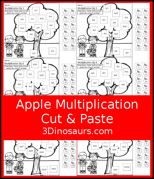 Free Apple Multiplication Cut & Paste - they work on multiplication from 1 to 12 with 12 cut and paste on each page in black and white with apples and apple trees- 3Dinosaurs.com #3dinosaurs #nopreprintable #freeprintable #multiplication #thirdgrade #fourthgrade