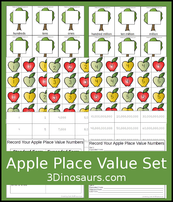 Free Apple Themed Place Value Activity - ones through hundred billion with hands on mats and sheets to record information - 3Dinosaurs.com