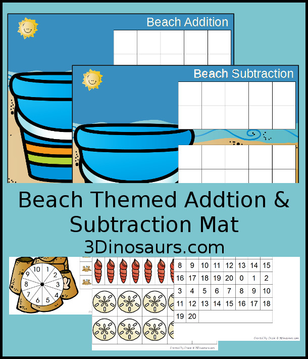 FREE Hands-On Beach Themed Addition & Subtraction Mats - two mats with counters for ten frame and shells for the pail - 3Dinosaurs.com