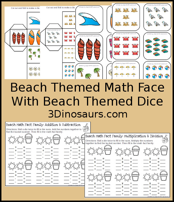 Free Easy No-Prep Beach Math Facts - addition and subtraction or multiplication and division with beach themed dice - 3Dinosaurs.com