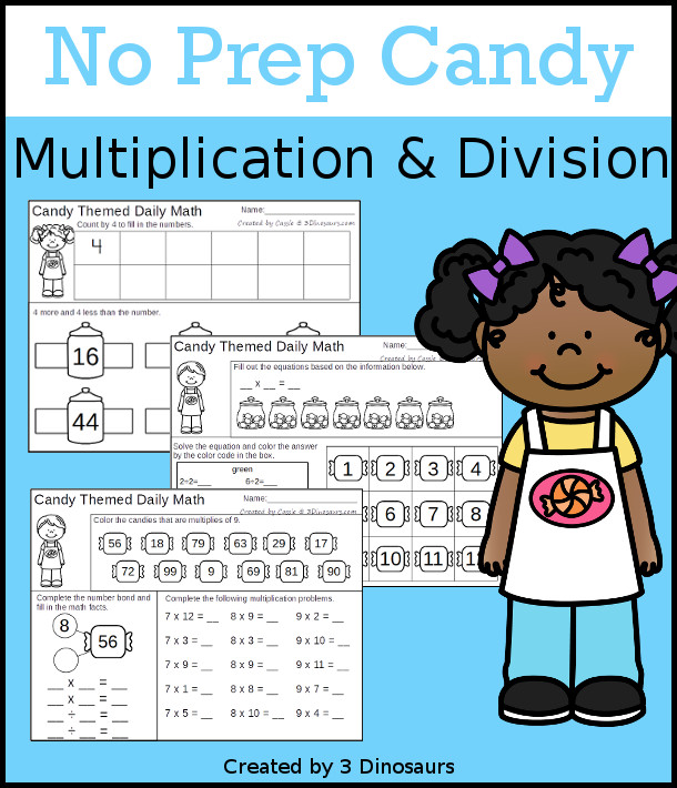 No Prep Candy Themed Multiplication & Division  - 30 pages no-prep printables with a mix of multiplication and division  activities plus a math center activity - 3Dinosaurs.com #noprepmath #tpt #division #multiplication