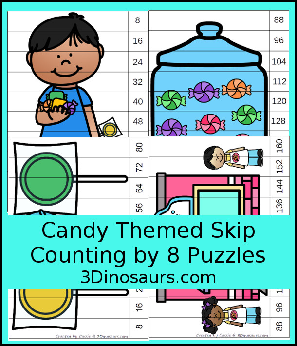 Free Fun Candy Skip Counting by 8 Puzzles - 4 pages of puzzles with template - 3Dinosaurs.com