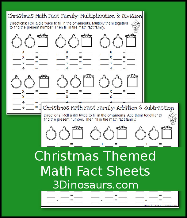 Free Easy No-Prep Christmas Math Facts - addition and subtraction or multiplication and division - 3Dinosaurs.com