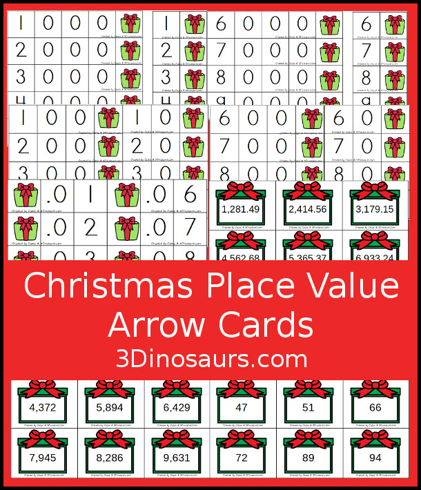 Free Christmas Themed Place Value Arrow Cards - work on building numbers from 0 to 9999 or 9999.99 to 0.99 with these Christmas Themed arrow cards. Plus use task cards to build the numbers. - 3Dinosaurs.com