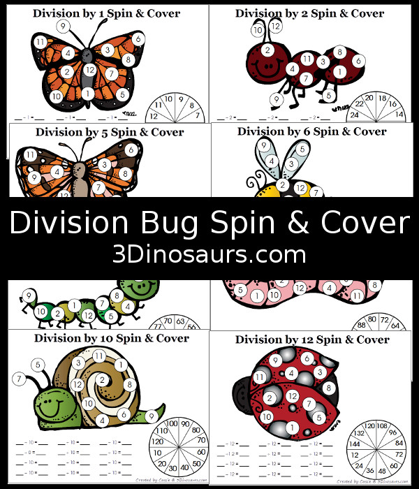 Free Bug Division Spin & Cover Printables - with division 1 through 12 - 3Dinosaurs.com