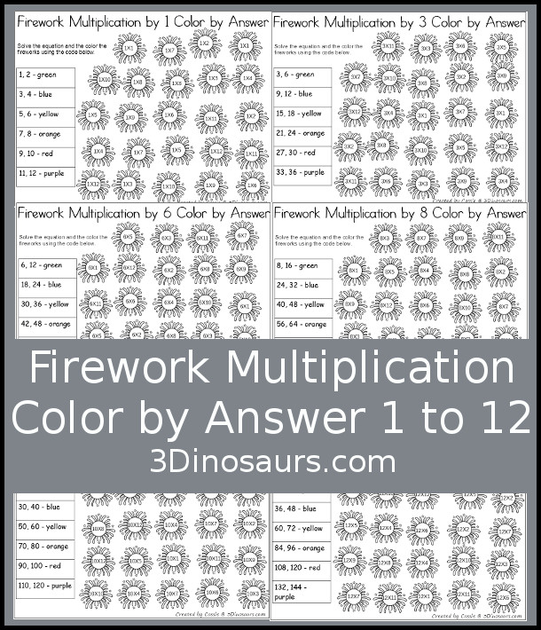 Free Firework Multiplication Color by Number Worksheet - with multiplication from 1 to 12 with a multiplication worksheet for each number. You solve the multiplication problem and the color the firework by the correct answer - 3Dinosaurs.com
