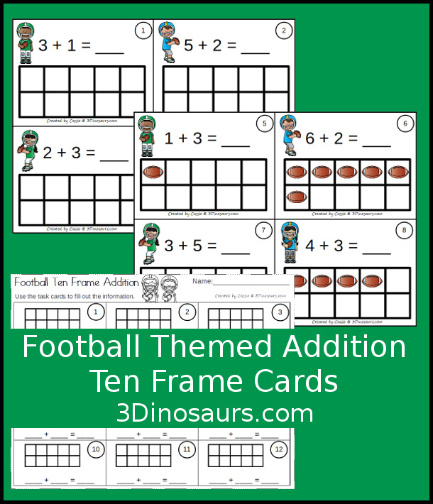 Free Football Ten Frame Addition Cards - 12 cards with recording sheet with two styles of cards - 3Dinosaurs.com