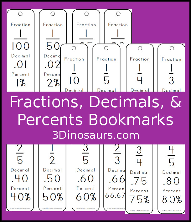 Free Fractions, Decimals, & Percents Bookmarks - each bookmark shows the math conversion between fractions, decimals, and percents - 3Dinosaurs.com #mathhelp #mathbookmarks #factionsforkids #freeprintable 