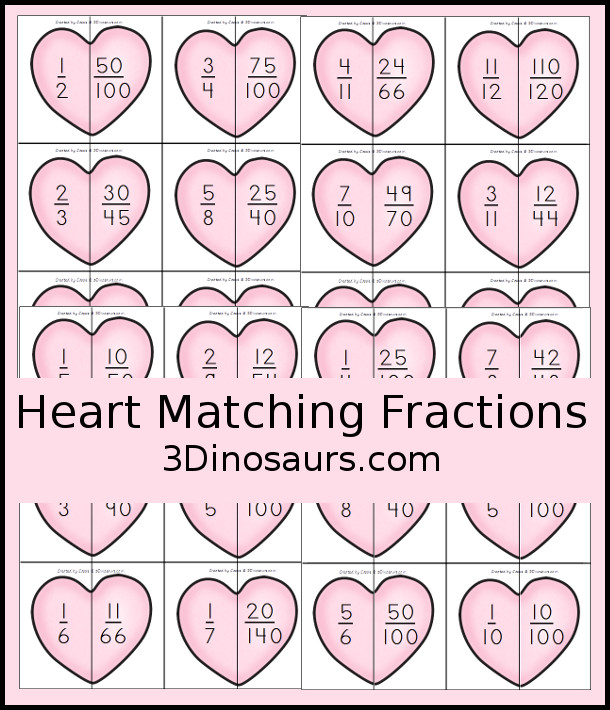 Free Hands-On Matching Heart Fractions That Are Equivalent - 4 pages of printables with 6 hearts per page - 3Dinosaurs.com