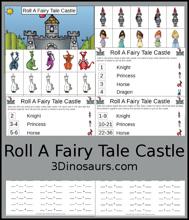 Free Roll a Fairy Tale Castle Printable - 3 Levels of learning: counting, addition, and multiplication - 3Dinosaurs.com