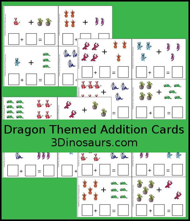 Free Roaring Fun Medieval Dragon Themed Addition Cards - 4 fun pages with 16 cards total - 3Dinosaurs.com