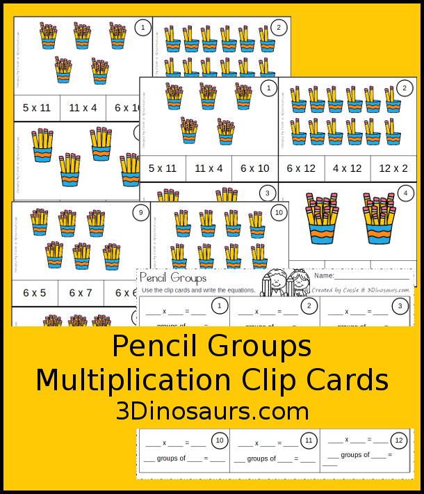 Free Pencil Groups Multiplication Clip Cards - 12 cards with matching worksheet - 3Dinosaurs.com