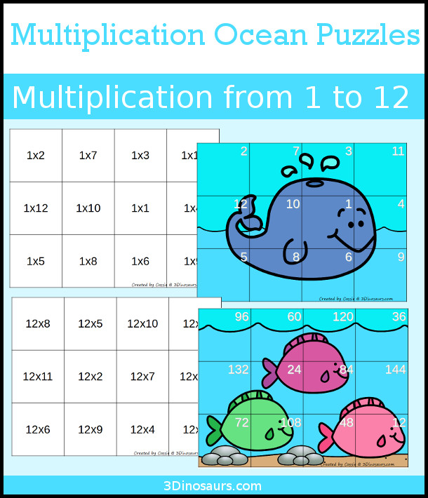 Hands-On Learning with Ocean Multiplication Puzzles - You can work on multiplication from 1 to 12 with 11 fun learning puzzles-  3Dinosaurs.com