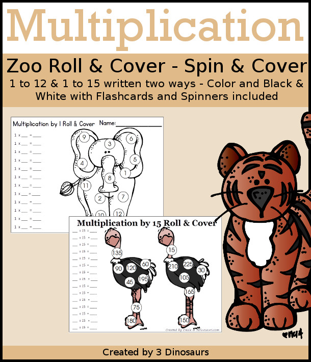 Multiplication Roll & Cover - Zoo Selling Set has multiplication 1 to 12 and 1 to 15 with two options of equations for each set.- 3Dinosaurs.com